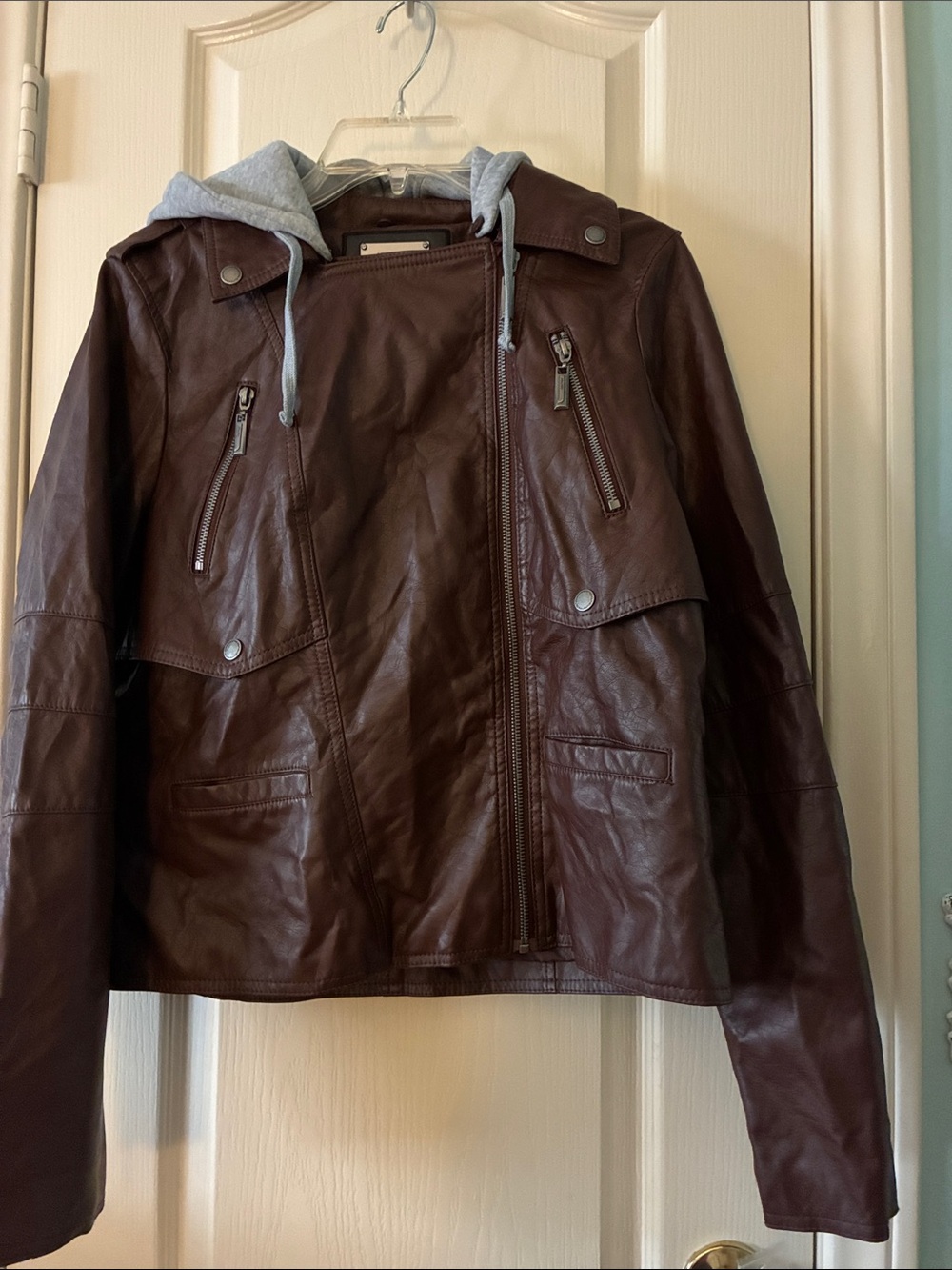 Jou Jou Brown Faux Leather Jacket with Gray Hood